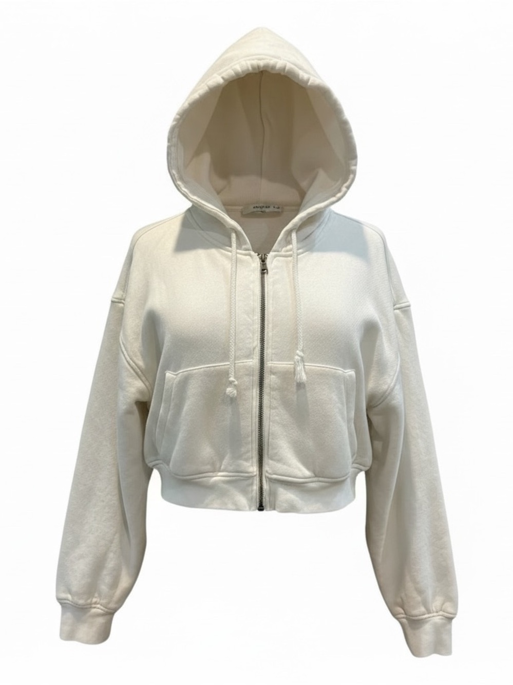 Elwood Cropped Babydoll Thermal Lined Zip Front Hoodie Off White SZ S